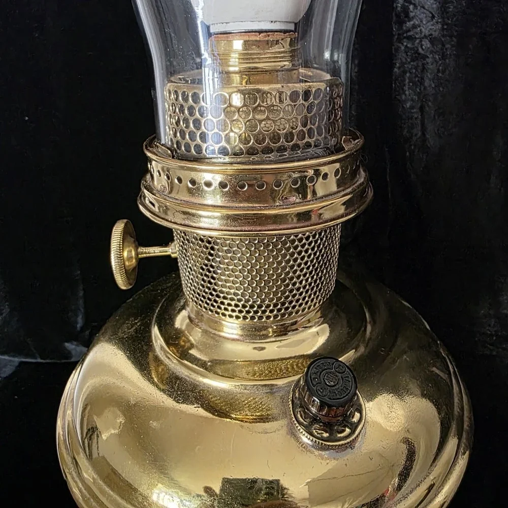 VTG Aladdin 12 Brass Oil to Electric Lamp, Lox-on Chimney & Cut-out Floral Shade
